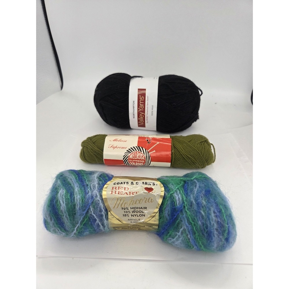 Lot 3 Vtg Northampton 100% Wool, Coats & Clark Mohair, Melrose Nylon Wool Yarn